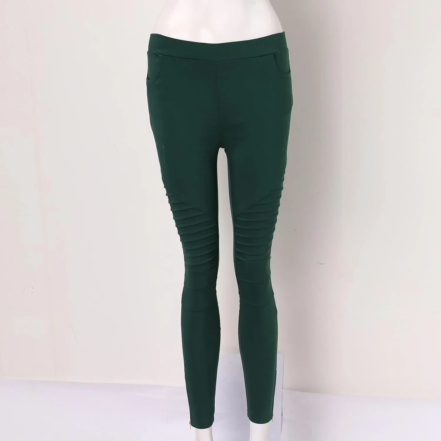 CRNTCEM Womens Cotton Moto Leggings High Waist Stretch Skinny Motorcycle Biker Pants Ankle Zipper Pleated Pull-On Pencil Pant