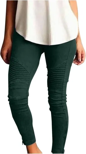 CRNTCEM Womens Cotton Moto Leggings High Waist Stretch Skinny Motorcycle Biker Pants Ankle Zipper Pleated Pull-On Pencil Pant