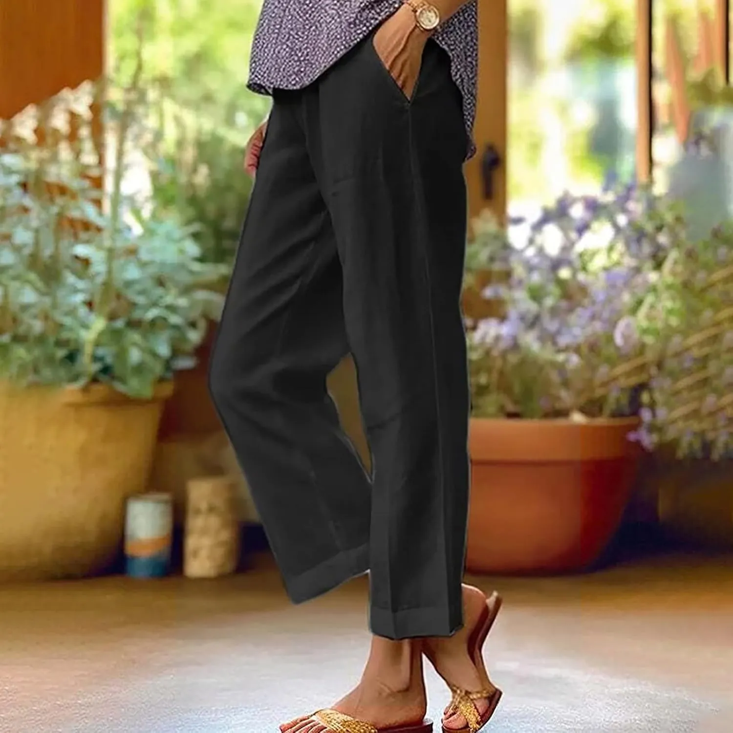 Cropped Linen Pants for Women Summer Elastic Waist Crop Pants Casual Beach Straight Leg Trousers with Pockets