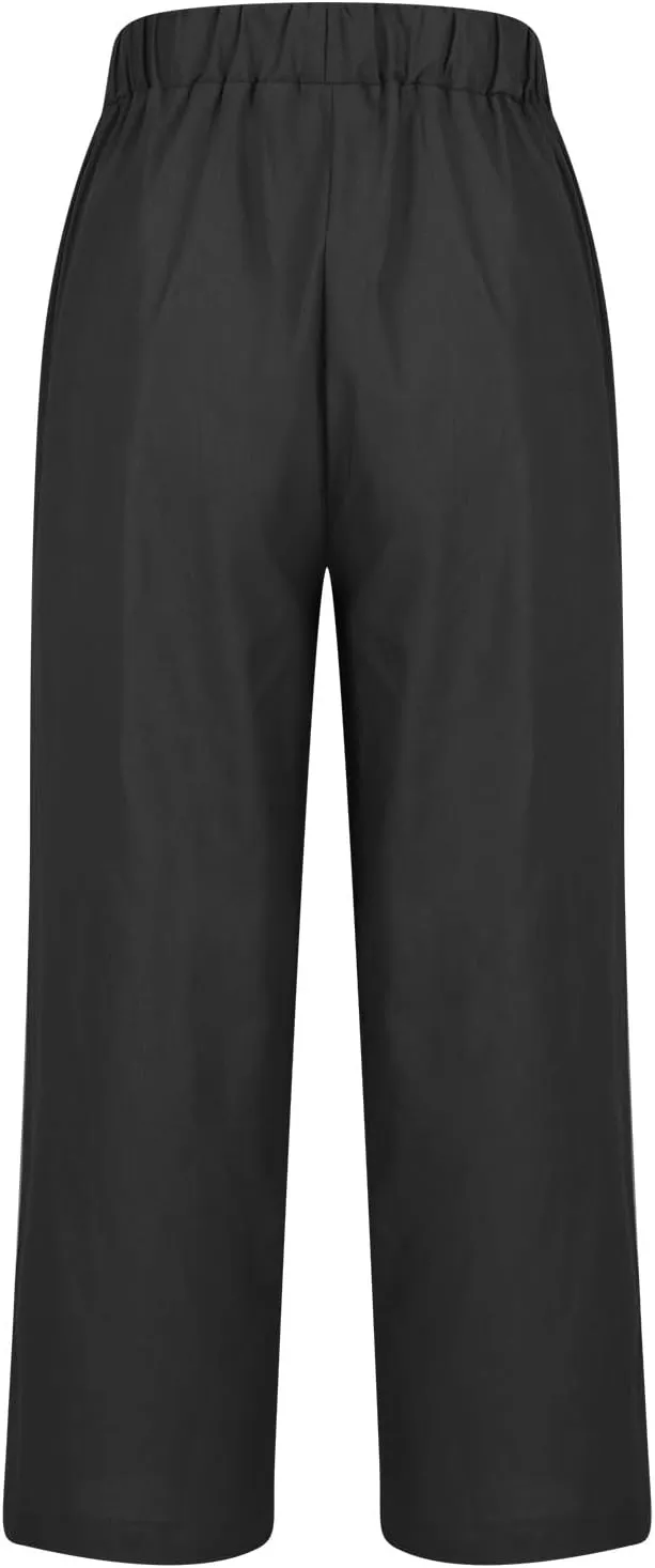 Cropped Linen Pants for Women Summer Elastic Waist Crop Pants Casual Beach Straight Leg Trousers with Pockets