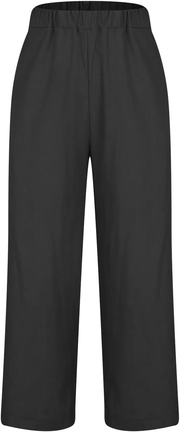 Cropped Linen Pants for Women Summer Elastic Waist Crop Pants Casual Beach Straight Leg Trousers with Pockets