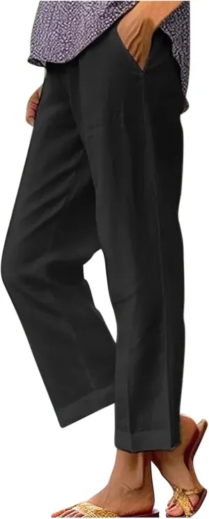 Cropped Linen Pants for Women Summer Elastic Waist Crop Pants Casual Beach Straight Leg Trousers with Pockets