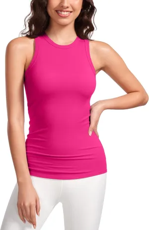CRZ YOGA High Crewneck Racerback Tank Tops for Womens Stretchy Fitted Workout Casual Sleeveless Tight Shirts