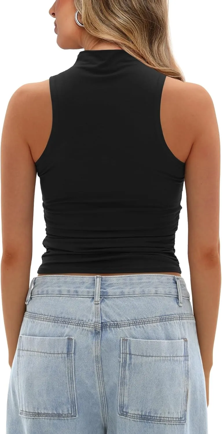 Darong Women's Tank Tops Summer Mock Neck Modal Sleeveless Shirts Slim Fit Ruched Going Out Top