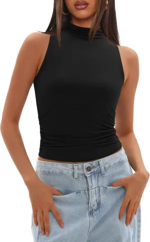 Darong Women's Tank Tops Summer Mock Neck Modal Sleeveless Shirts Slim Fit Ruched Going Out Top