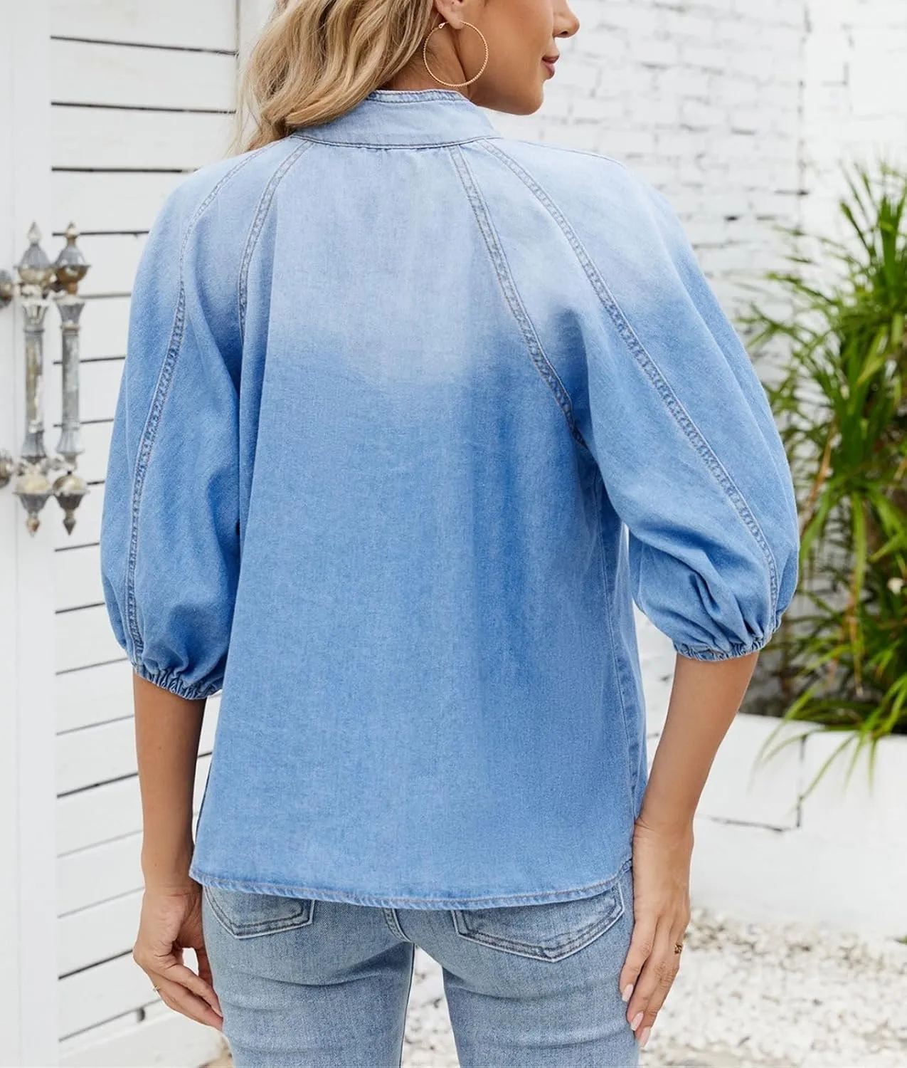 Denim Shirt Women Jean Top Short Sleeve Puff Bow Tie Button Up Mock Neck Casual Cropped Pullover Blouse