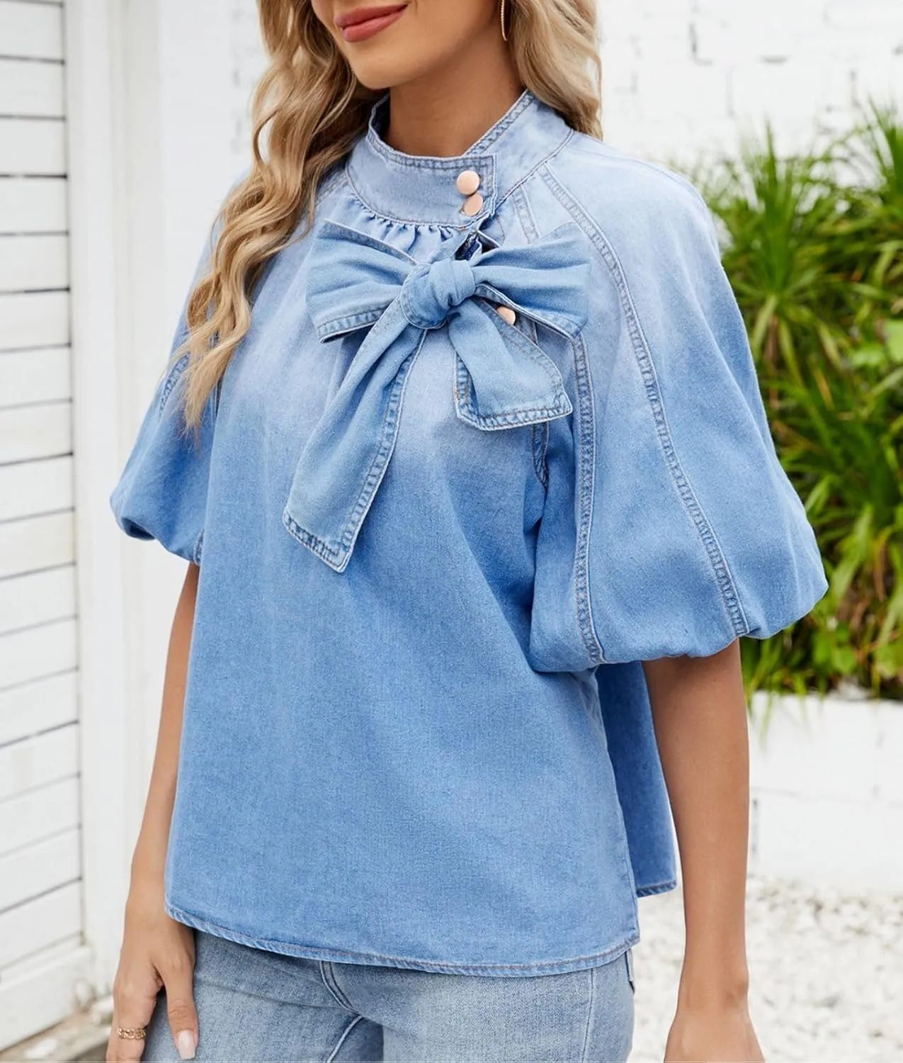 Denim Shirt Women Jean Top Short Sleeve Puff Bow Tie Button Up Mock Neck Casual Cropped Pullover Blouse