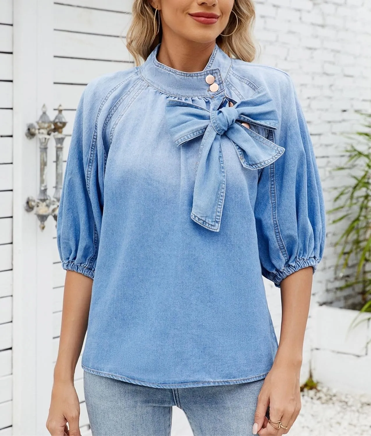 Denim Shirt Women Jean Top Short Sleeve Puff Bow Tie Button Up Mock Neck Casual Cropped Pullover Blouse