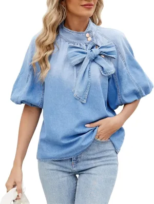 Denim Shirt Women Jean Top Short Sleeve Puff Bow Tie Button Up Mock Neck Casual Cropped Pullover Blouse