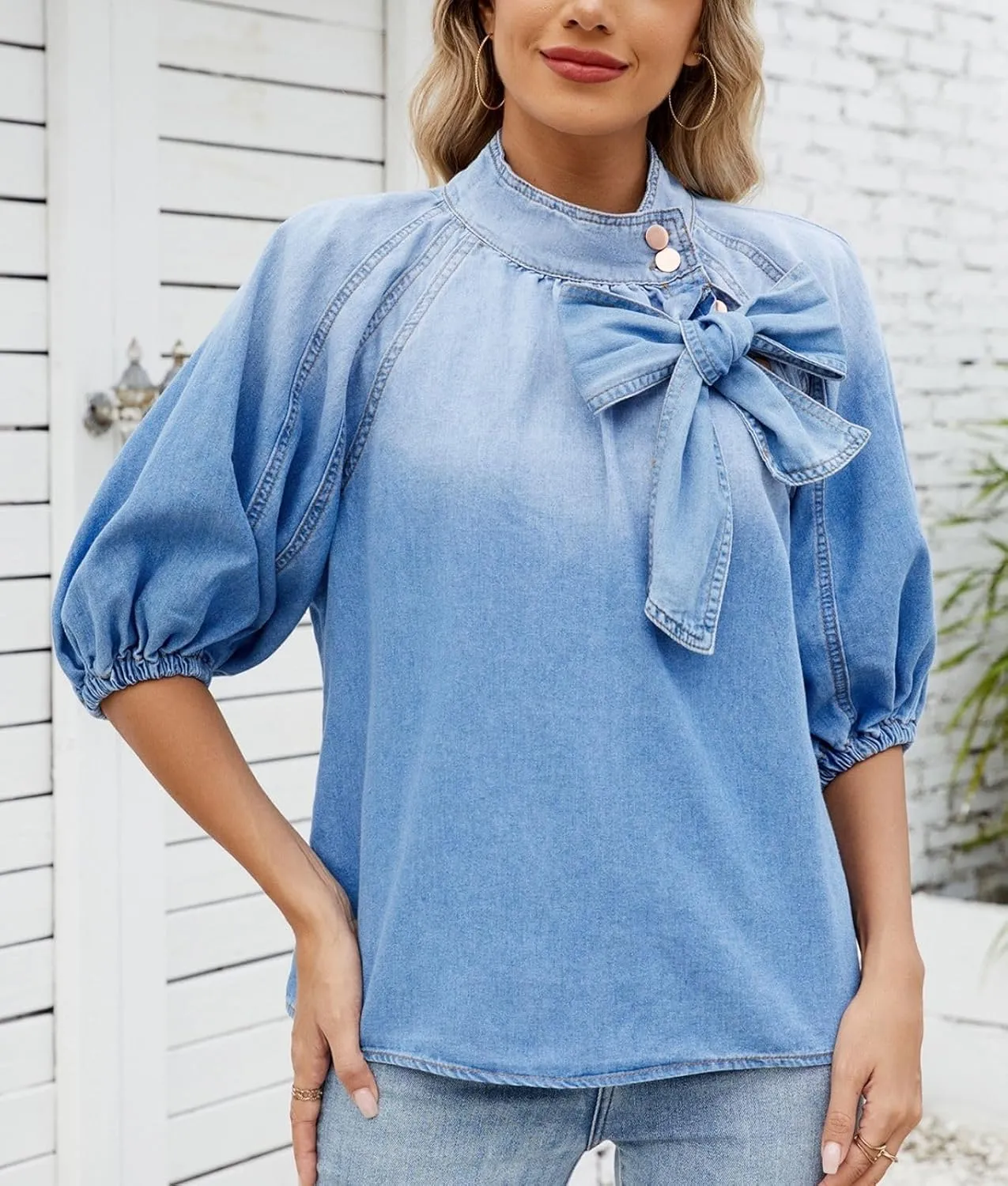 Denim Shirt Women Jean Top Short Sleeve Puff Bow Tie Button Up Mock Neck Casual Cropped Pullover Blouse