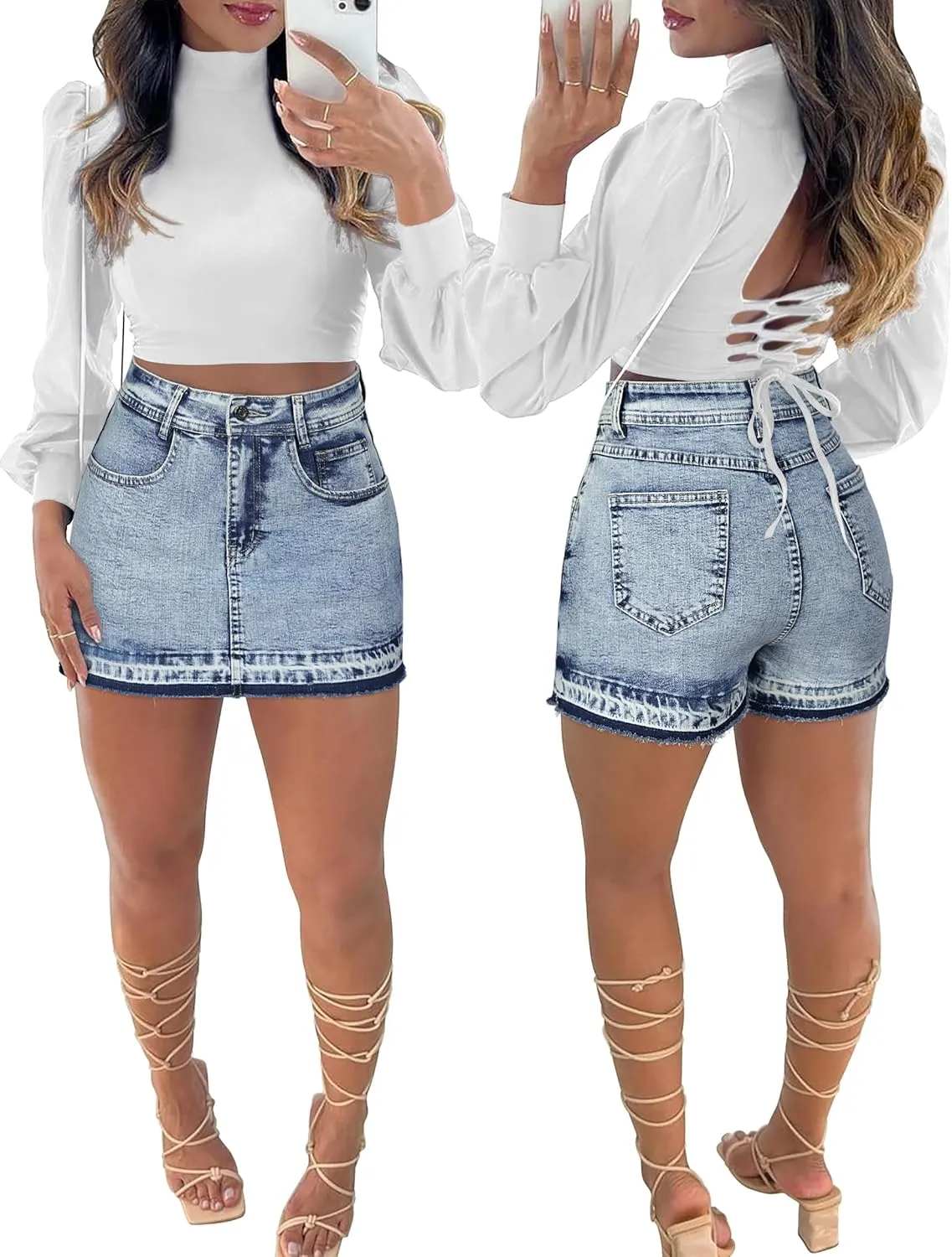 Denim Skort for Women High Wasited Mini Denim Skirt Stretch Summer Jean Skirt with Pockets