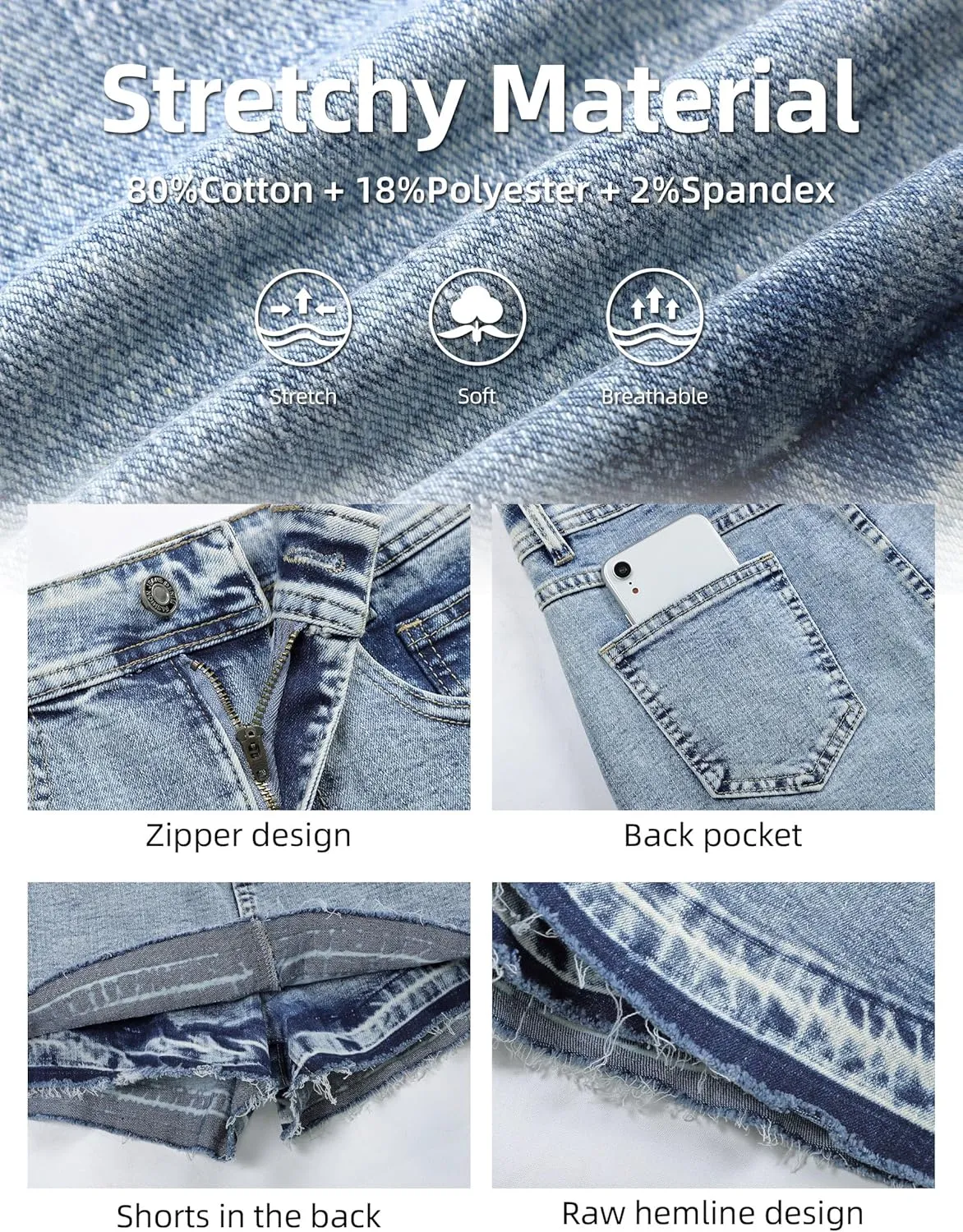 Denim Skort for Women High Wasited Mini Denim Skirt Stretch Summer Jean Skirt with Pockets