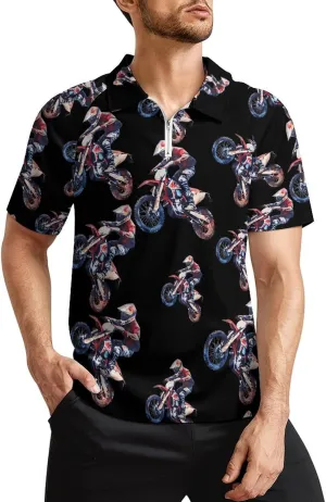 Dirt Bike Jumping Motorcycles Polo Shirts for Men Active Zippered Running Gym Short Sleeve Golf Shirt Tops