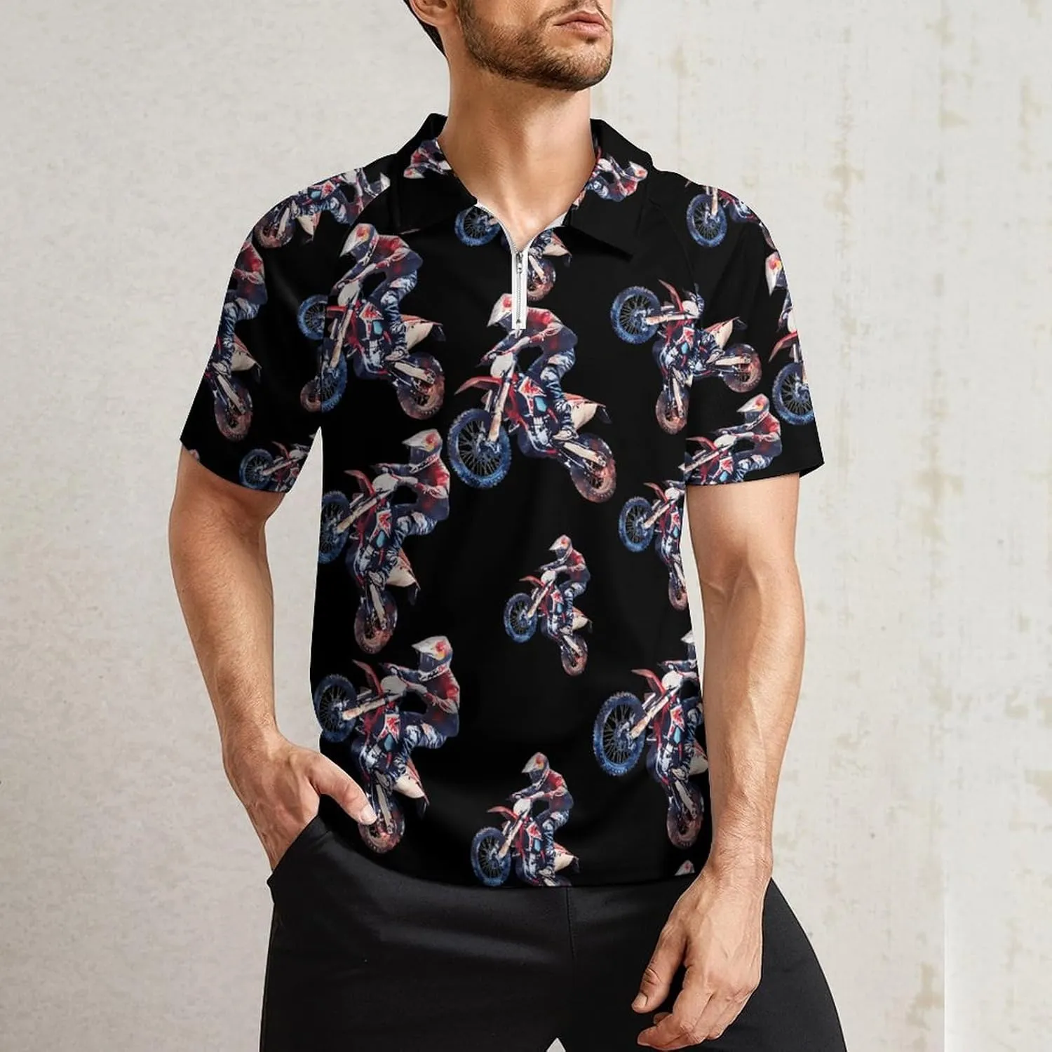 Dirt Bike Jumping Motorcycles Polo Shirts for Men Active Zippered Running Gym Short Sleeve Golf Shirt Tops