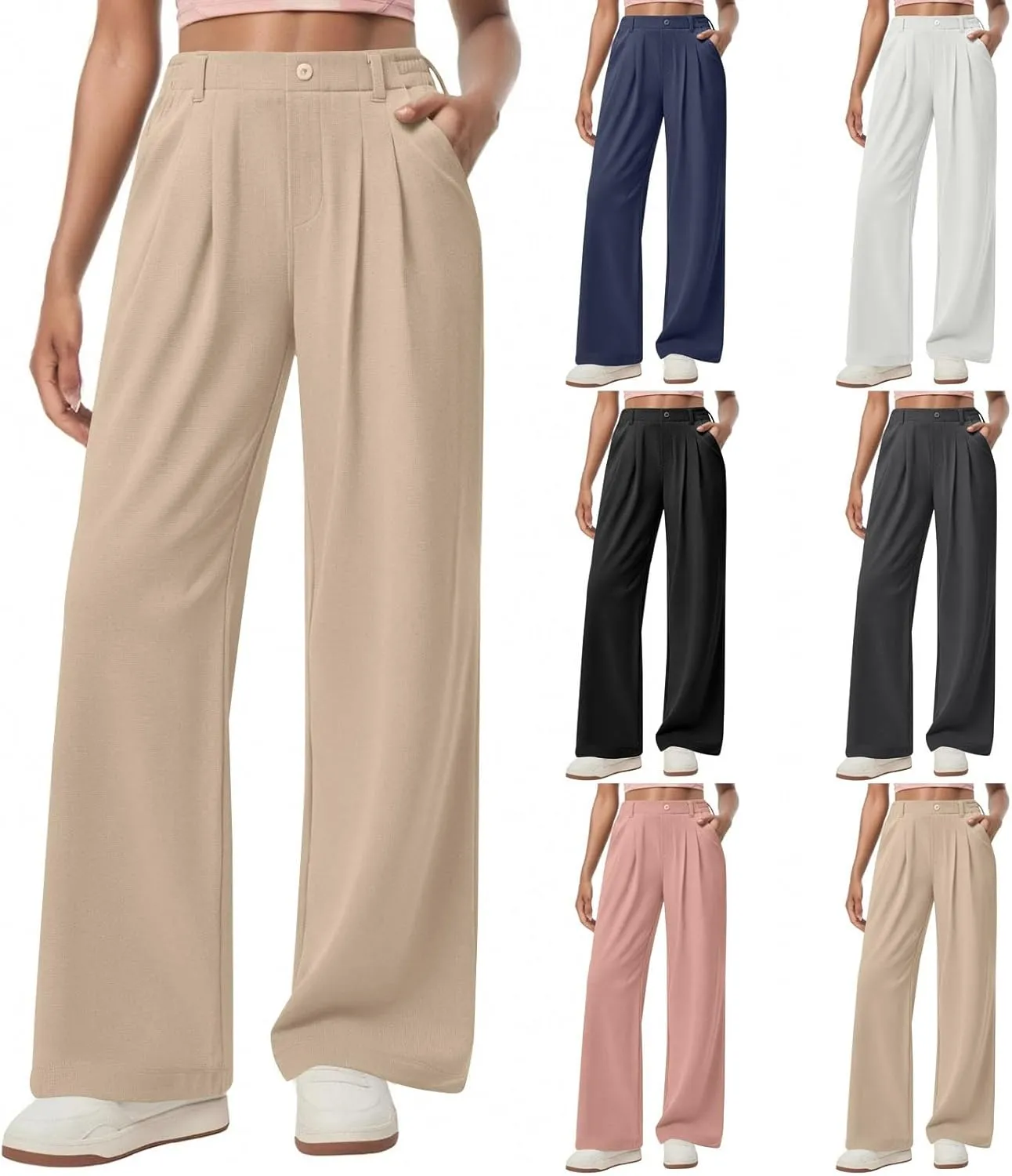 Dress Pants Women Business Casual Button Down Wide Leg Pants Lightweight Dressy Work Chino Pants with Pockets