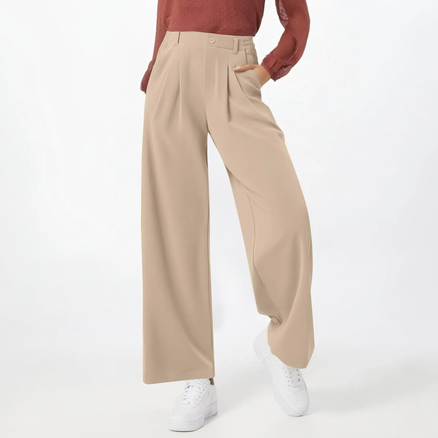 Dress Pants Women Business Casual Button Down Wide Leg Pants Lightweight Dressy Work Chino Pants with Pockets