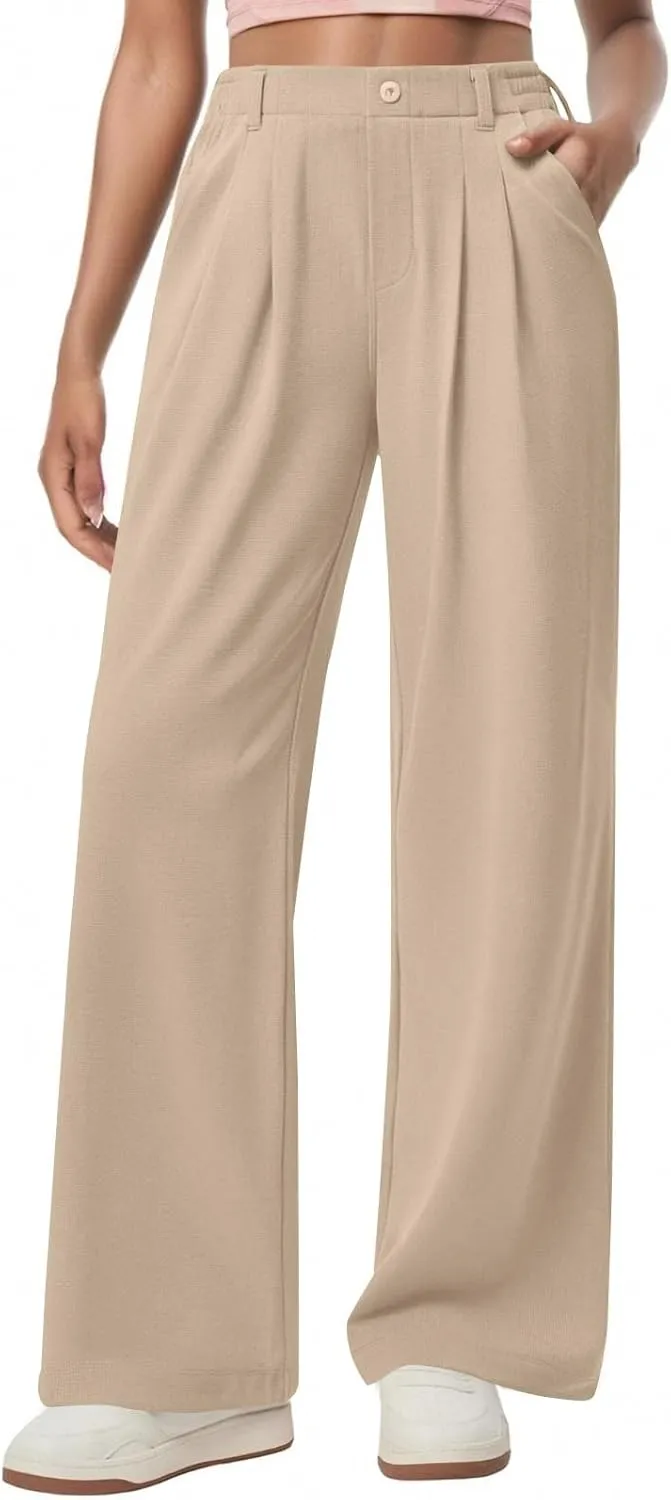 Dress Pants Women Business Casual Button Down Wide Leg Pants Lightweight Dressy Work Chino Pants with Pockets