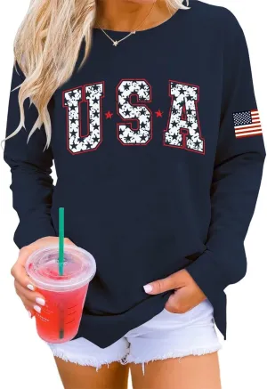 Dressmine Womens Usa Sweatshirt Long Sleeve Graphic 4Th Of July Flag Shirts 2025 Cute Knit Casual Pullover