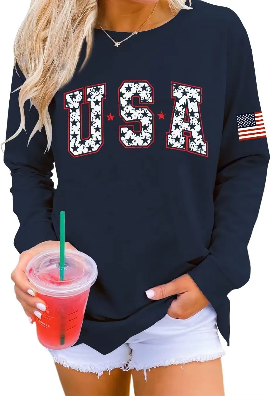 Dressmine Womens Usa Sweatshirt Long Sleeve Graphic 4Th Of July Flag Shirts 2025 Cute Knit Casual Pullover