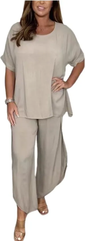 ECHOINE Womens Summer Outfits Cotton Linen 2 Piece Sets Short Sleeve Loose High Low T Shirt Ruffled Wide Leg Capri Pants Suit
