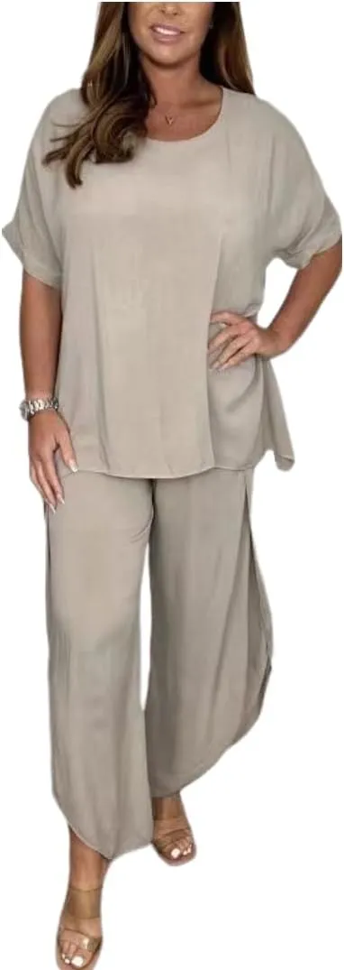 ECHOINE Womens Summer Outfits Cotton Linen 2 Piece Sets Short Sleeve Loose High Low T Shirt Ruffled Wide Leg Capri Pants Suit