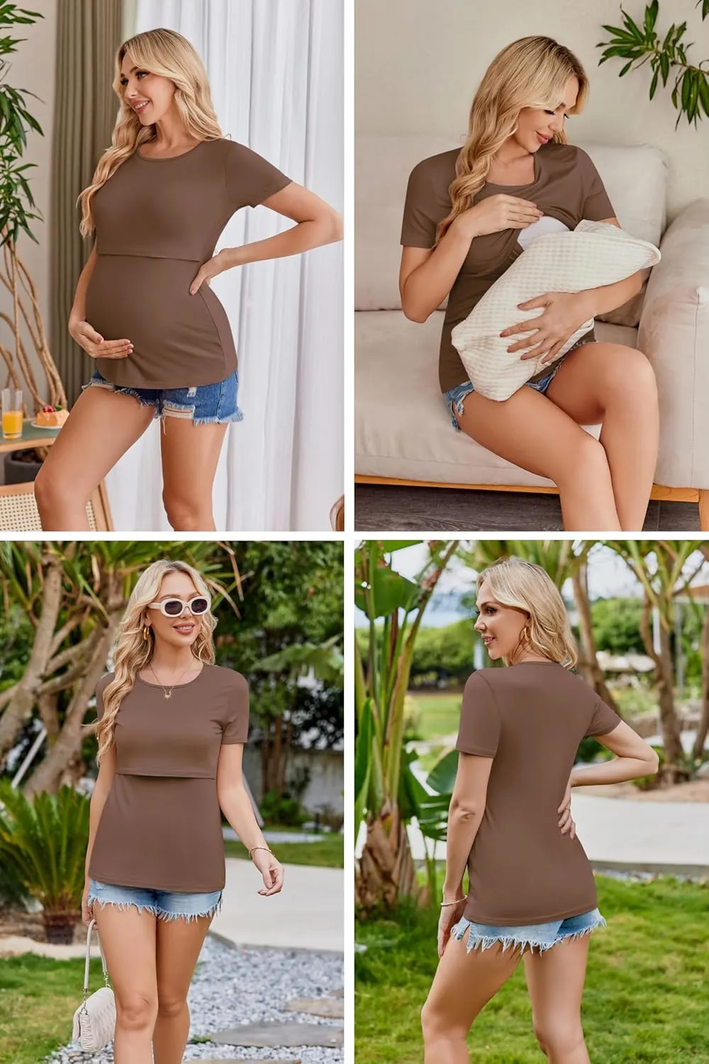 Ekouaer Womens Nursing Tops 3 Pack Double Layer Breastfeeding Shirts Short Sleeve Maternity Clothes S-XXL