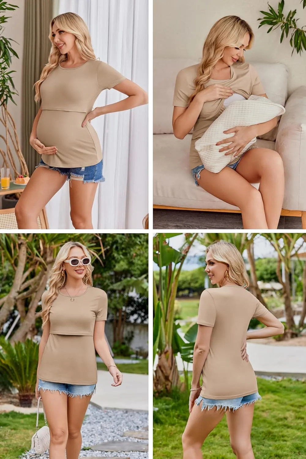 Ekouaer Womens Nursing Tops 3 Pack Double Layer Breastfeeding Shirts Short Sleeve Maternity Clothes S-XXL
