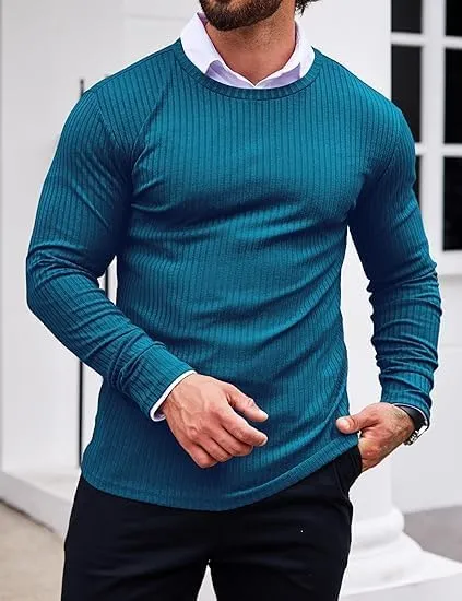 ELESOL Men's Long Sleeve Shirts Ribbed Pullover Sweater Sim Fit Thermal Tops Crew Neck Stretchy Undershirts