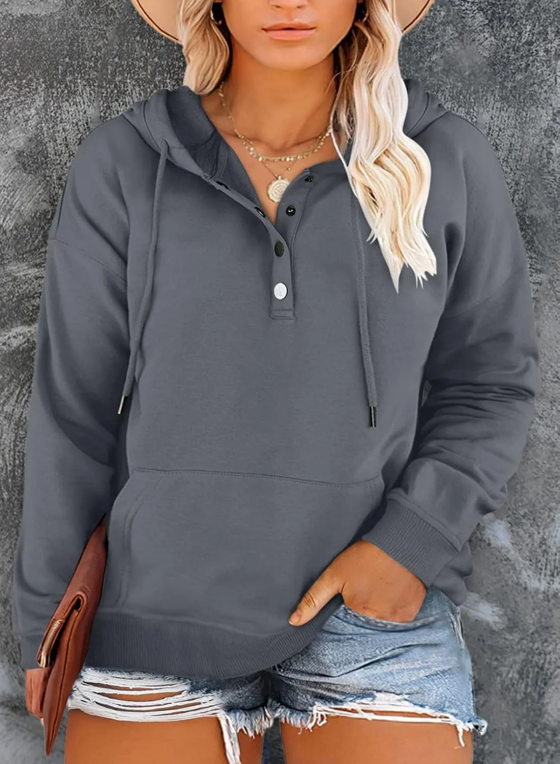 Eytino Plus Size Hooded for Women Tops Long Sleeve Button Collar Drawstring Hoodies Pullover Sweatshirts with Pockets(1X-5X)