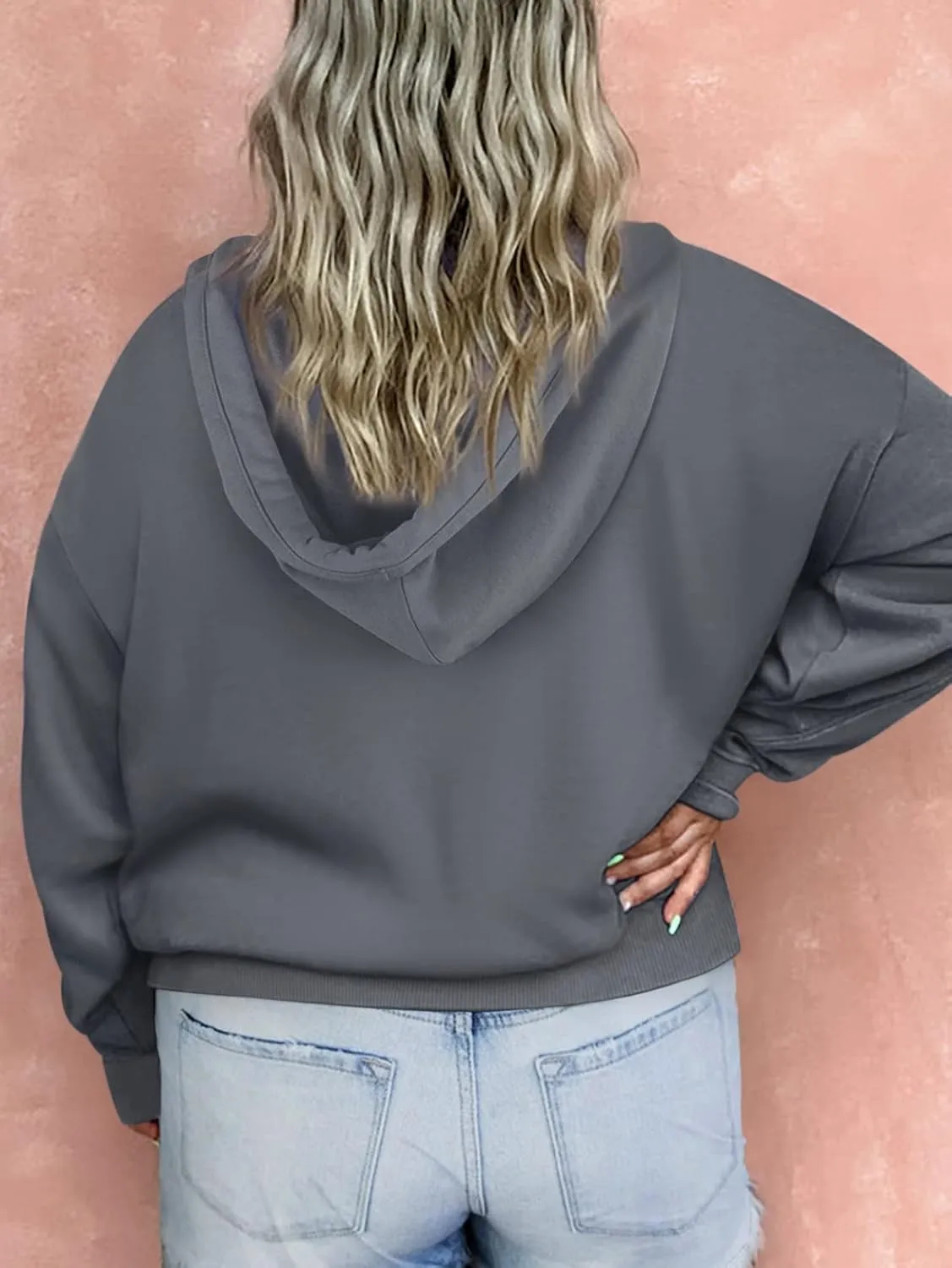 Eytino Plus Size Hooded for Women Tops Long Sleeve Button Collar Drawstring Hoodies Pullover Sweatshirts with Pockets(1X-5X)