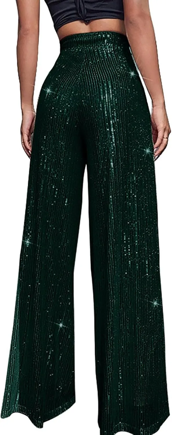 Fashion Sparkly Sequin Wide Leg Pants for Women Tummy Control High Waisted Palazzo Pants Long Trousers Glitter Party Clubwear