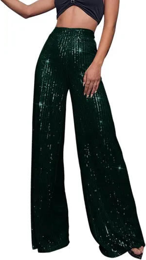 Fashion Sparkly Sequin Wide Leg Pants for Women Tummy Control High Waisted Palazzo Pants Long Trousers Glitter Party Clubwear