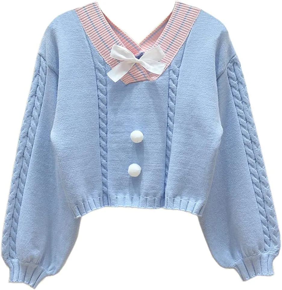 FindThy Women's Y2K Pullover Sweater Sweet Lantern Sleeve Bowtie Knit Crop Jumper Tops