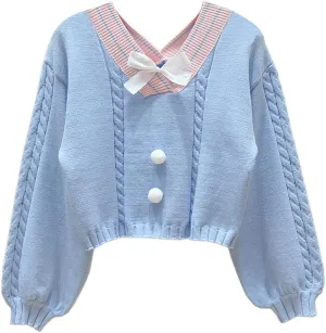FindThy Women's Y2K Pullover Sweater Sweet Lantern Sleeve Bowtie Knit Crop Jumper Tops
