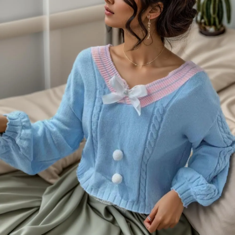 FindThy Women's Y2K Pullover Sweater Sweet Lantern Sleeve Bowtie Knit Crop Jumper Tops