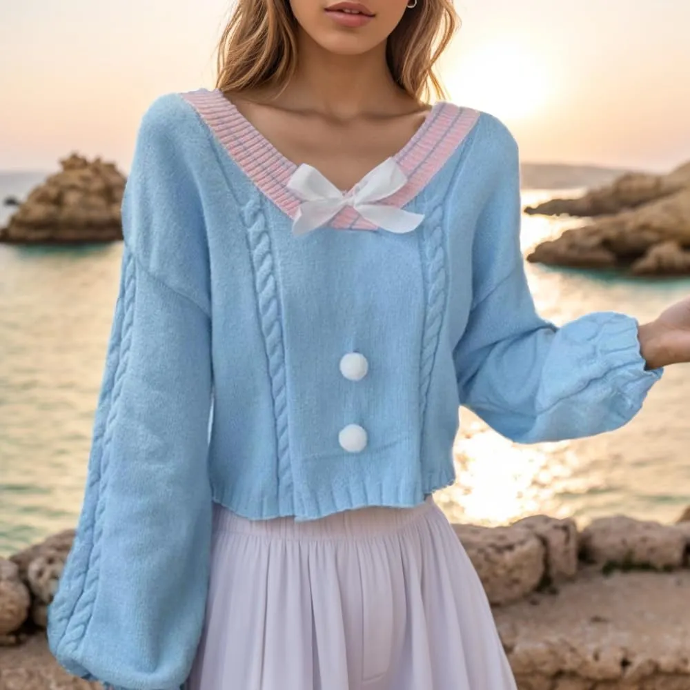 FindThy Women's Y2K Pullover Sweater Sweet Lantern Sleeve Bowtie Knit Crop Jumper Tops
