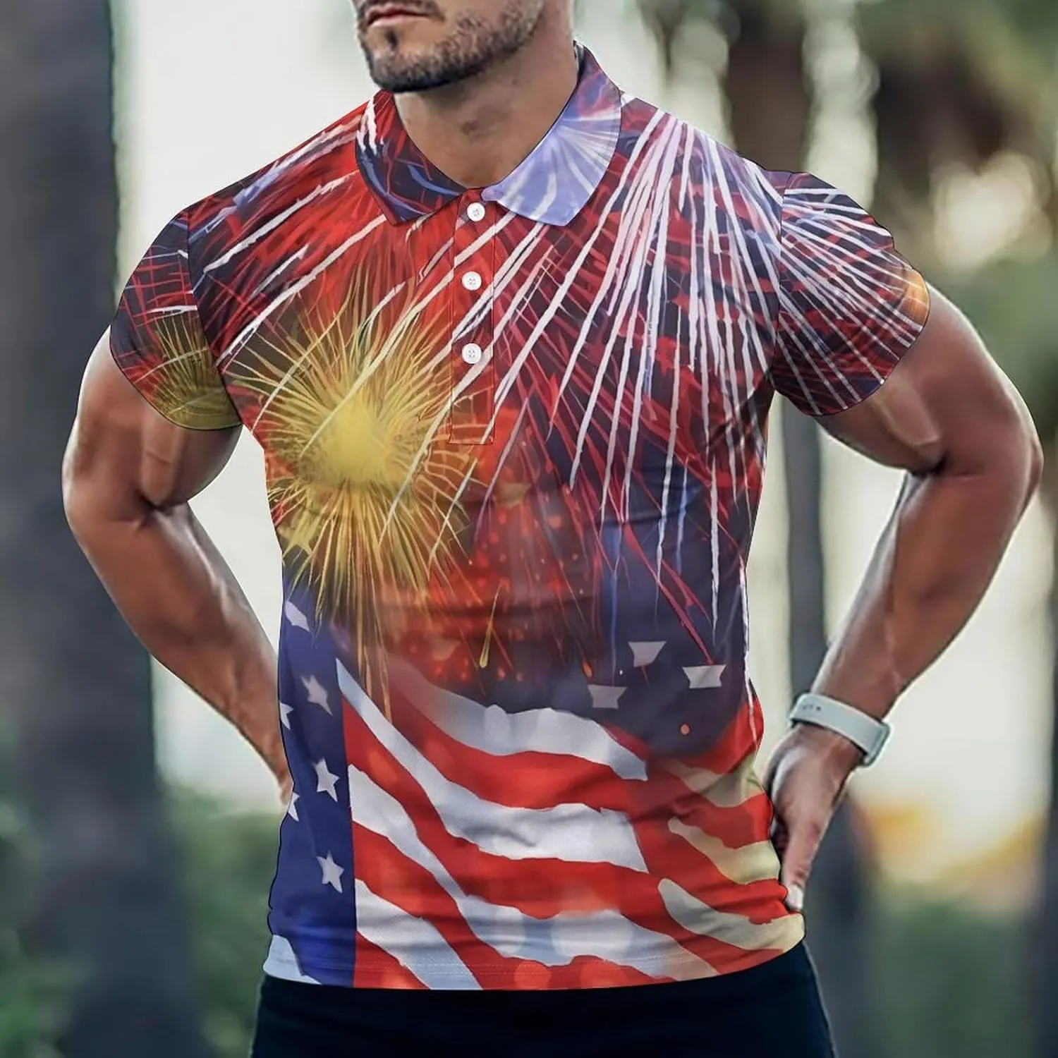 Firework Memorial Day July of 4th Mens Short Sleeve Polo Shirts Straight Sports Golf Tennis T-Shirt Quick Dry Long Top