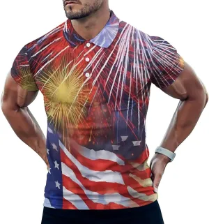 Firework Memorial Day July of 4th Mens Short Sleeve Polo Shirts Straight Sports Golf Tennis T-Shirt Quick Dry Long Top