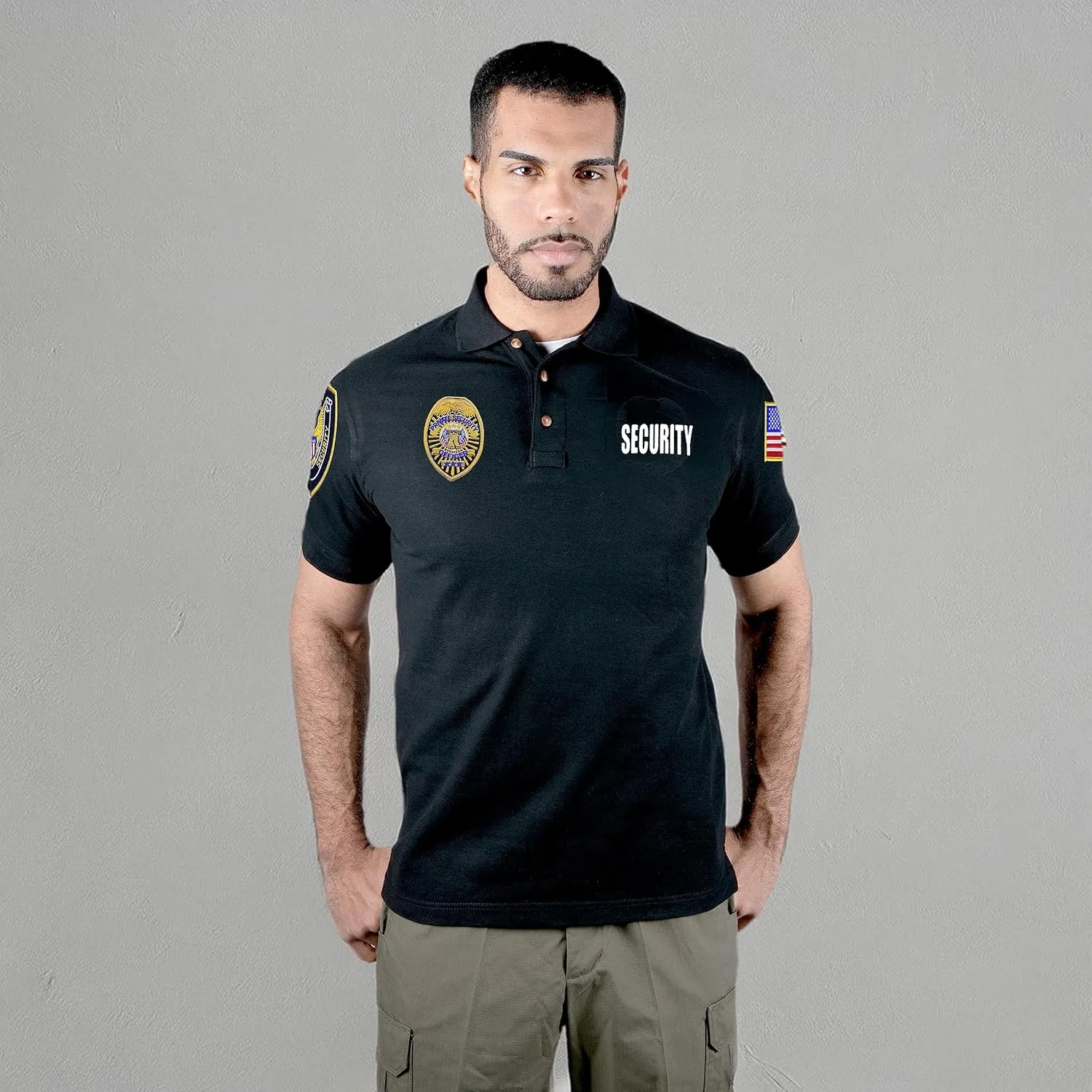 First Class Polyester Tactical Security Polo Shirts with Embroidered Patches and Printed ID for Security Guard