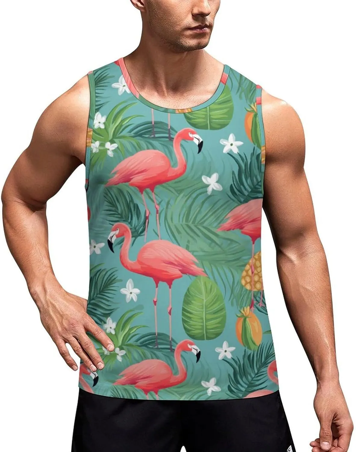 Flamingo Tropical Flowers Men's Tank Top Sleeveless T-Shirt Pullover Vest Shirts Gym Workout Beach Funny