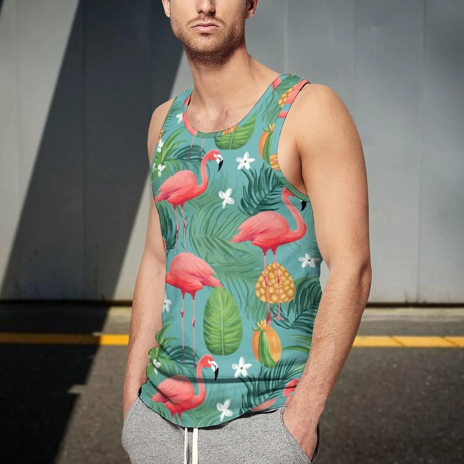Flamingo Tropical Flowers Men's Tank Top Sleeveless T-Shirt Pullover Vest Shirts Gym Workout Beach Funny