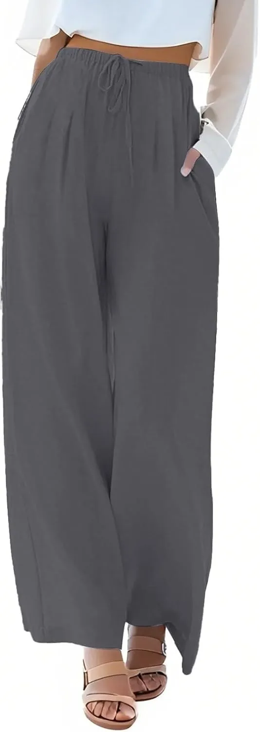 Flowy Wide Leg Linen Pants Women Summer Baggy Beach Vacation Palazzo Pants Casual High Waisted Pants with Pockets