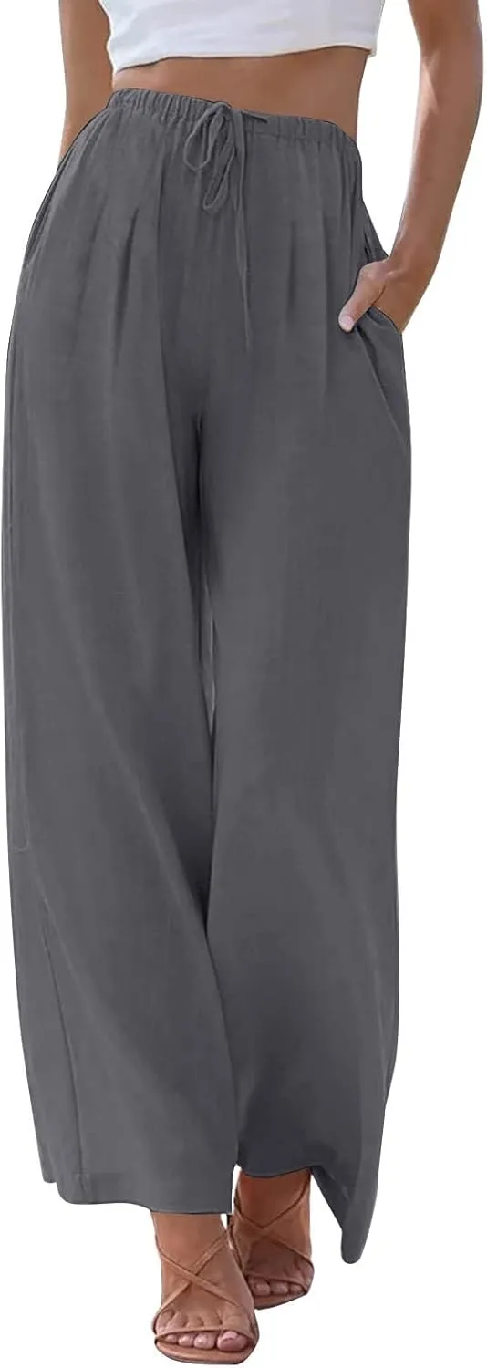 Flowy Wide Leg Linen Pants Women Summer Baggy Beach Vacation Palazzo Pants Casual High Waisted Pants with Pockets