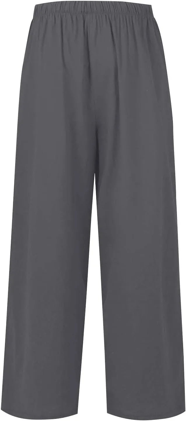 Flowy Wide Leg Linen Pants Women Summer Baggy Beach Vacation Palazzo Pants Casual High Waisted Pants with Pockets