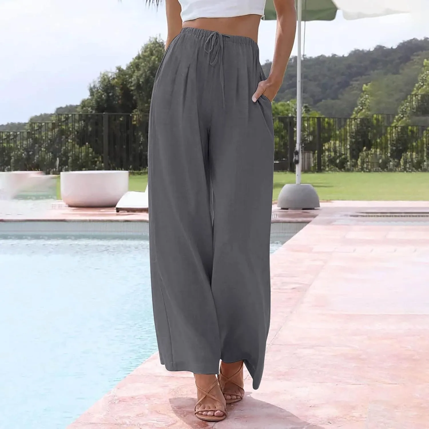 Flowy Wide Leg Linen Pants Women Summer Baggy Beach Vacation Palazzo Pants Casual High Waisted Pants with Pockets