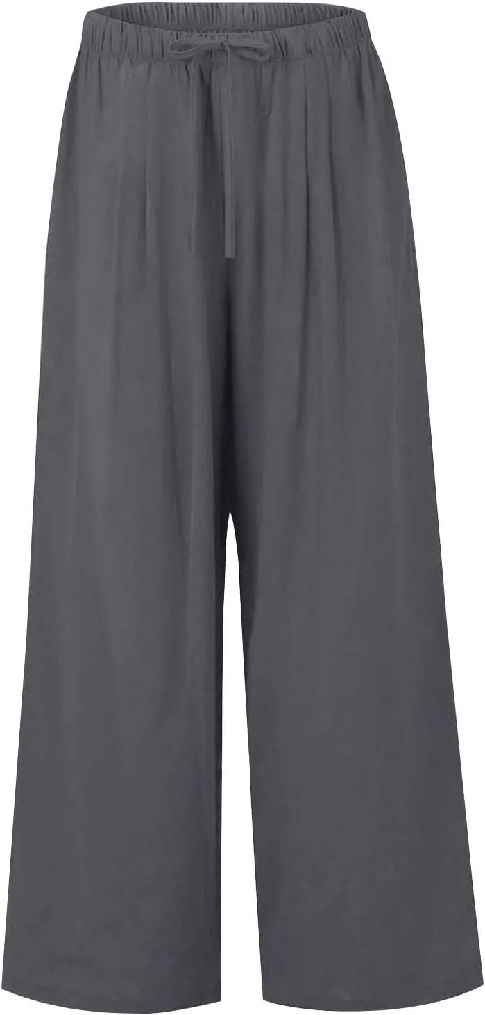 Flowy Wide Leg Linen Pants Women Summer Baggy Beach Vacation Palazzo Pants Casual High Waisted Pants with Pockets