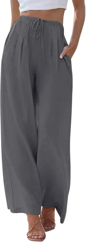 Flowy Wide Leg Linen Pants Women Summer Baggy Beach Vacation Palazzo Pants Casual High Waisted Pants with Pockets