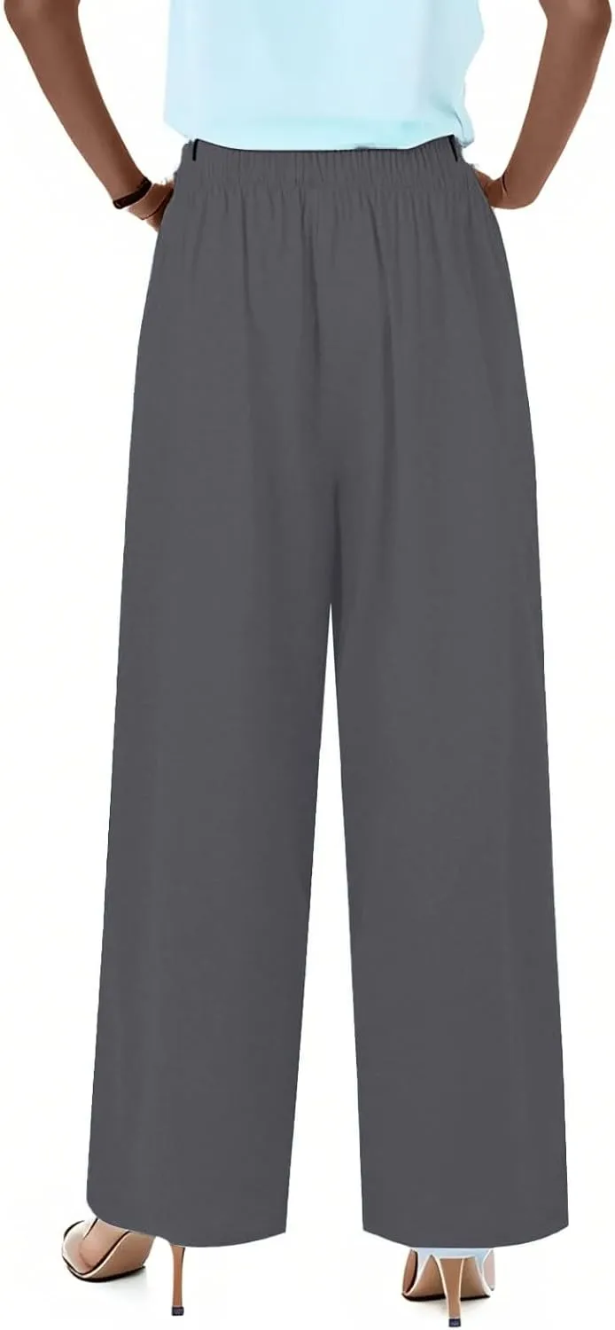 Flowy Wide Leg Linen Pants Women Summer Baggy Beach Vacation Palazzo Pants Casual High Waisted Pants with Pockets