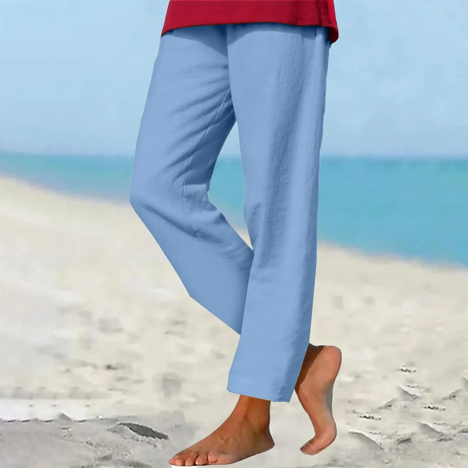 GIERIDUC Linen Pants for Women 2025 Summer High Waist Elastic Wide Leg Lounge Pant Casual Loose Lightweight Beach Trousers
