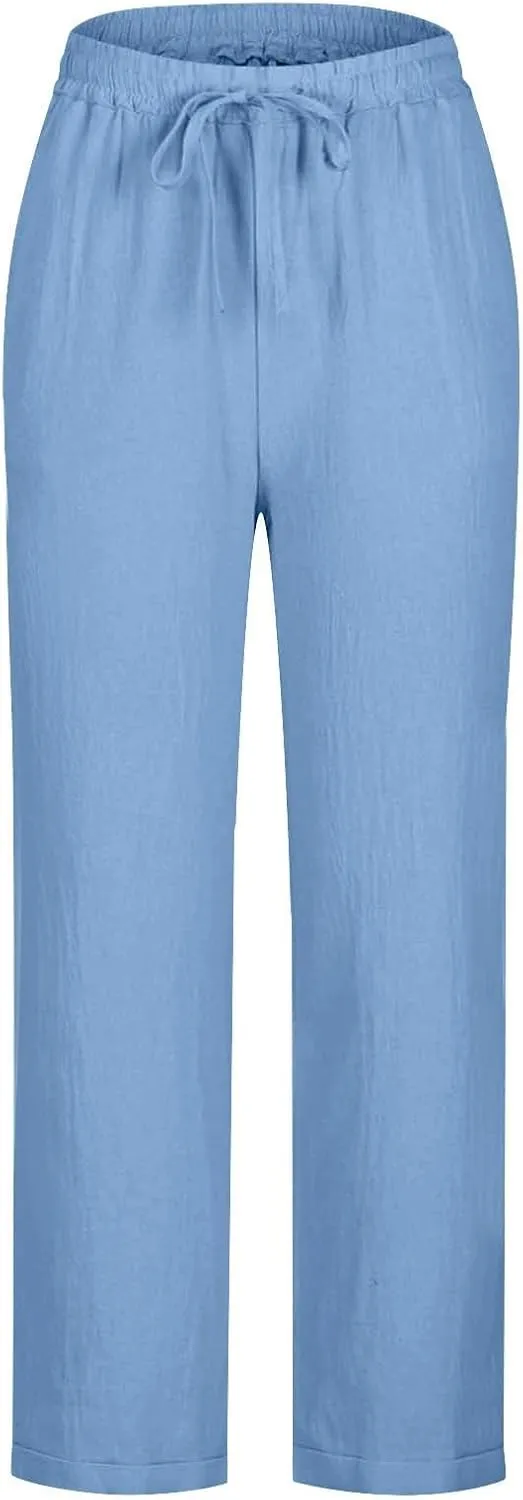GIERIDUC Linen Pants for Women 2025 Summer High Waist Elastic Wide Leg Lounge Pant Casual Loose Lightweight Beach Trousers